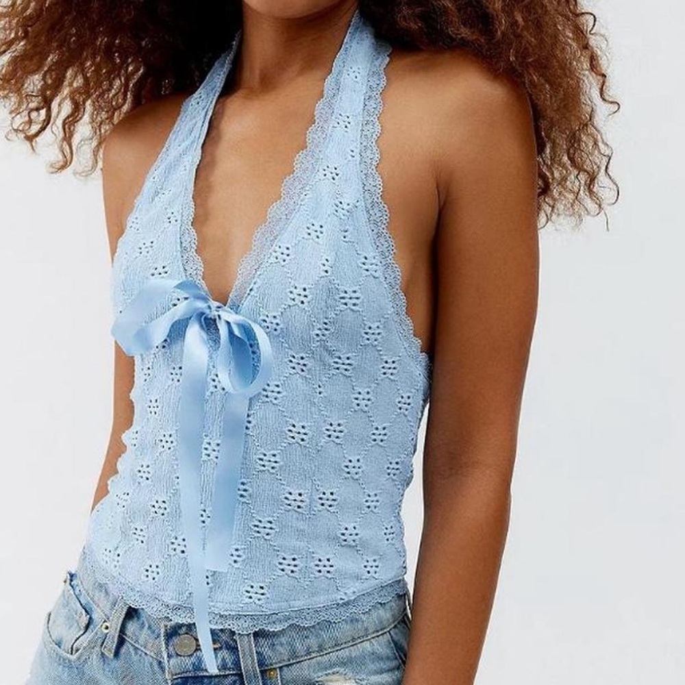 Kimchi Blue Light Blue Halter Tie-Front Eyelet Tank